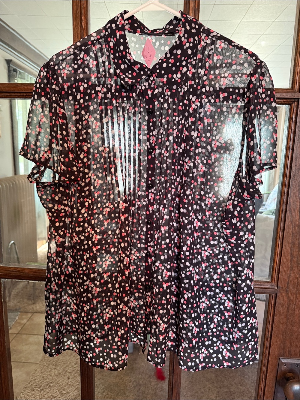 East 5th Sheer Black Blouse with Pink and White Polka Dots